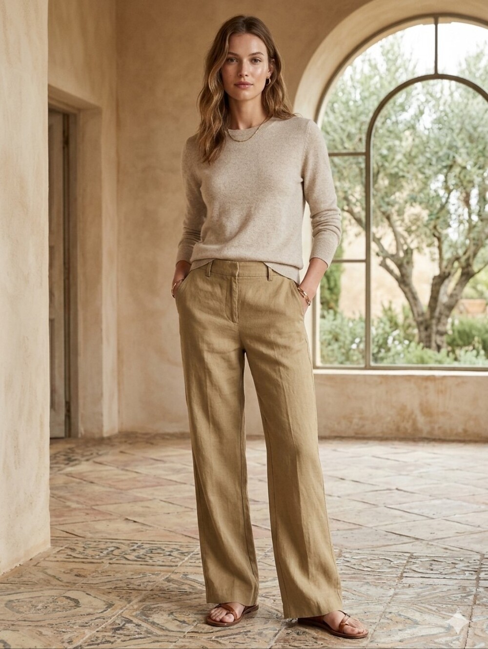 River Island beige tone 100% Linen Wide Leg Pants Size 32/32